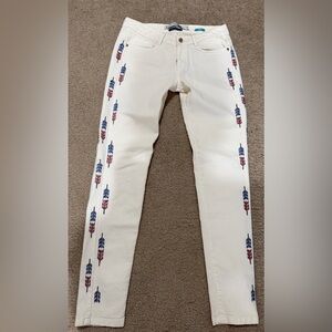 Zara Cream Jeans with Blue and Red Pattern